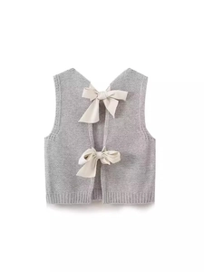 Gilet tricoté gris pour filles de style français avec nœuds décoratifs au dos
