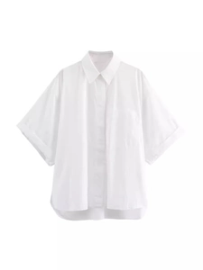 Women's white short sleeve button-down shirt with lapel collar and casual loose fit cut
