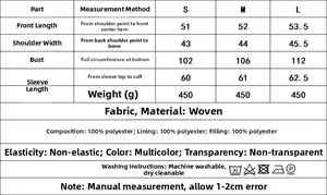 Detailed size chart for Y2K quilted jacket with dimensions, fabric, and washing instructions