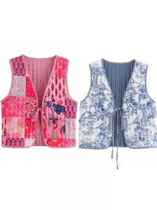 Women Quilted Cotton Vest Vintage Floral Print Tie Front Sleeveless Waistcoat Bohemian Patchwork Padded Vest Autumn Streetwear