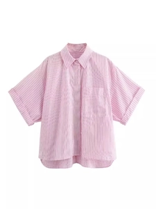 Women's casual short sleeve button-up shirt with pink and white vertical stripes