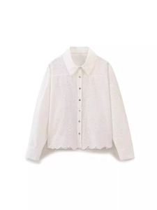 French Style Eyelet Embroidery Long Sleeve Shirt Women Elegant Scalloped Hem Cotton Blend Turn-down Collar Button Blouse