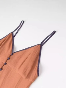 Women's V-neck backless vacation dress in terracotta fabric with button front details
