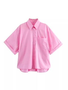 Pink short sleeve button down shirt for women with chest pocket and curved high-low hemline