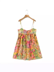 Women Floral Print Tie Up Shoulder Strap Mini Dress Ruffle Sleeveless Backless A Line Beach Vacation Summer Dress
