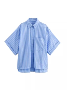 Short sleeve button down striped shirt with chest pocket and curved hem in light blue