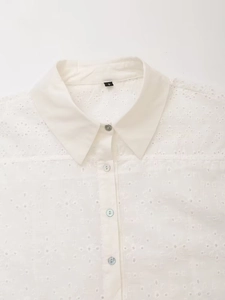 White eyelet embroidery shirt with french collar and hollow floral lace details