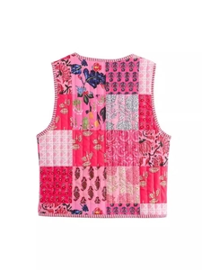 Women's pink floral patchwork quilted vest with street style Superman print and lace-up