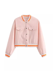 Veste de Baseball Rose Décontractée pour Femme Patchwork Rayé Côtelé Col Montant Vêtement d'Extérieur Court Manches Longues