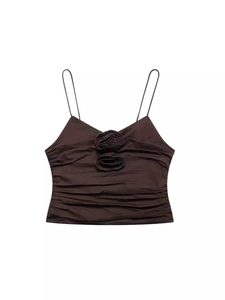 Women's Sexy Backless Ruched Camisole 3D Rose Flower Slim Fit Crop Top Sleeveless Side Zipper Coffee Brown Party Top