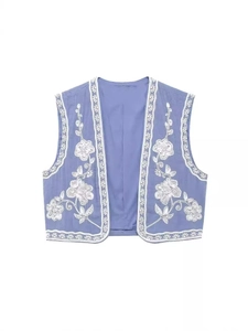 Gilet Rétro à Broderie Florale pour Femmes Ethnique Sans Manches Court Décontracté Haut à Bord Festonné