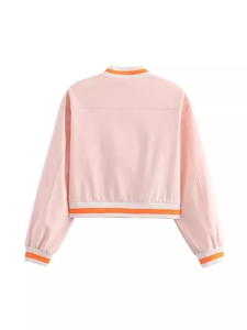 Veste de baseball courte rose pour femme avec bords-côtes à rayures orange et design épuré
