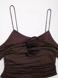 Brown spaghetti strap top with 3D fabric roses and elegant horizontal pleated texture