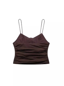 Women's summer slim crop top in dark coffee color with thin straps and 3D pleated texture