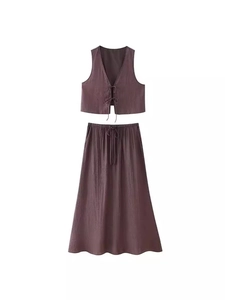 Women's 2-piece deep burgundy set with lace-up vest and high-waisted maxi skirt