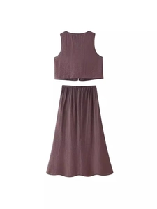 Two-piece mauve set with sleeveless crop top and high-waist pleated midi skirt