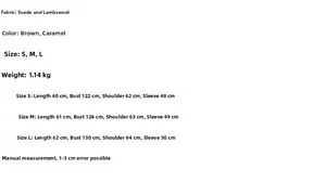 Size chart for faux shearling suede jacket with measurements in cm for S, M, L