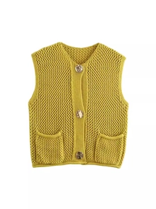 Gilet Donna a Maglia Grossa Senza Maniche Scollo a V Monopetto Maglione con Tasche Tinta Unita Top Casual Streetwear