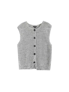 Women Casual Knit Vest Sleeveless Round Neck Button Down Cardigan Top Solid Grey Summer Fashion Slim Fit Waistcoat