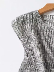 Minimalist grey-white marled knit vest for women with a textured crew neck design