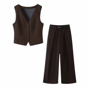 Flat lay of women's dark coffee vest and high-waisted wide-leg trouser suit set