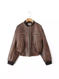 Veste Bomber en Cuir PU Marron Vintage pour Femmes Effet Usé Blouson Motard Fermeture Éclair Col Montant Streetwear Ample