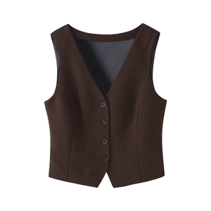 Detail of coffee brown women's suit vest with V-neckline and four-button closure