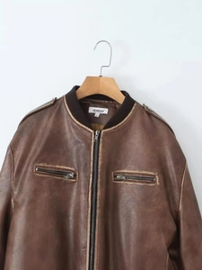 Blouson aviateur vintage en cuir PU marron avec col montant côtelé et zip avant