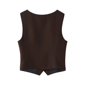 Detailed back view of a slim-fit dark brown tailored vest with curved hem and clean stitching
