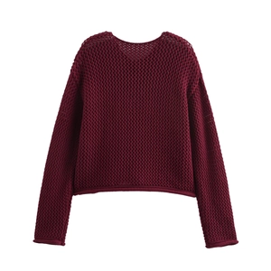 Close-up of burgundy hollow knit cardigan showing breathable mesh texture and round neck