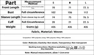 Detailed size chart with measurements for the blue printed puffer jacket in S, M and L sizes