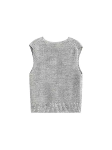 Minimalist grey knit vest for women with textured crew neck sleeveless design