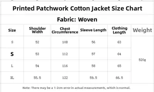 Size chart for floral printed single-breasted cotton jacket showing S to XL measurements