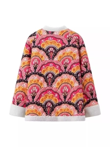 Veste matelassée Y2K à motif floral coloré avec bordures en polaire blanche douce