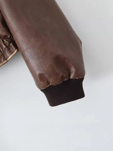 Veste aviateur vintage marron foncé avec poignets en maille et texture similicuir