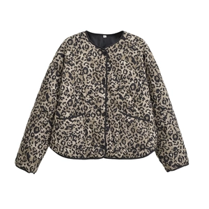 Detail of leopard print quilted jacket showing round neckline, size label, and black piping
