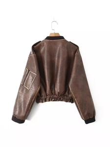 Blouson aviateur vintage en cuir PU marron avec col côtelé et poche zippée manche