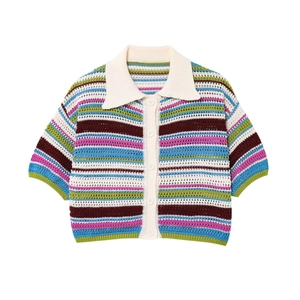 Macro detail of multi-colored striped knit sweater with white polo collar and buttons