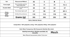 Detailed size chart for autumn quilted jacket with measurements for XS to L sizes
