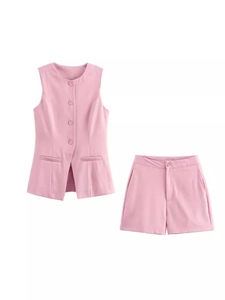Costume Décontracté Femmes Élégant Simple Boutonnage Gilet Sans Manches Top Short Taille Haute Bottom Couleur Unie