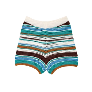 Detailed texture of colorful striped crochet knit high-waist shorts for women