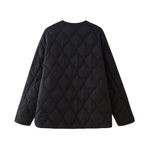 Back view of black quilted jacket with elegant vertical wave stitching and round neck