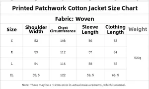 Detailed size chart for printed colorblock cotton jacket featuring S-XL dimensions and weight