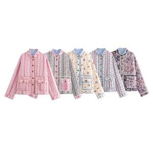 Close-up showing five patterns of long-sleeved quilted floral jackets with pockets