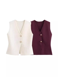Gilet en Tricot Décontracté pour Femmes Col en V Sans Manches avec Boutons Dorés Coupe Ajustée Haut en Tricot Couleur Unie