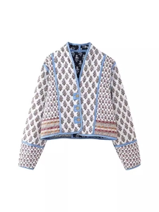 Y2K reversible vintage floral quilted cotton jacket with blue trim and ethnic stripe