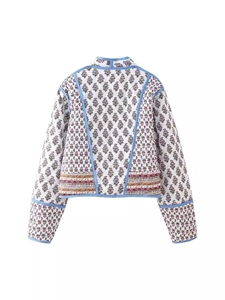 Y2K reversible floral padded jacket with light blue trim and ethnic pattern on white
