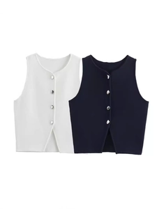 Women Sleeveless Knit Vest Irregular Metal Buttons Split Hem Short Slim Tank Top Solid Color Minimalist Streetwear Knitwear