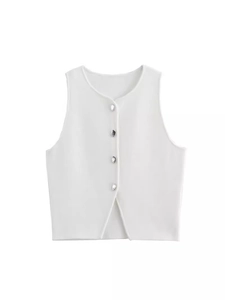 Slim fit white knitted vest for women featuring decorative rhinestone buttons and a crop cut