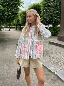 Quilted floral jacket with embroidery trim and buttons for a vintage French garden look